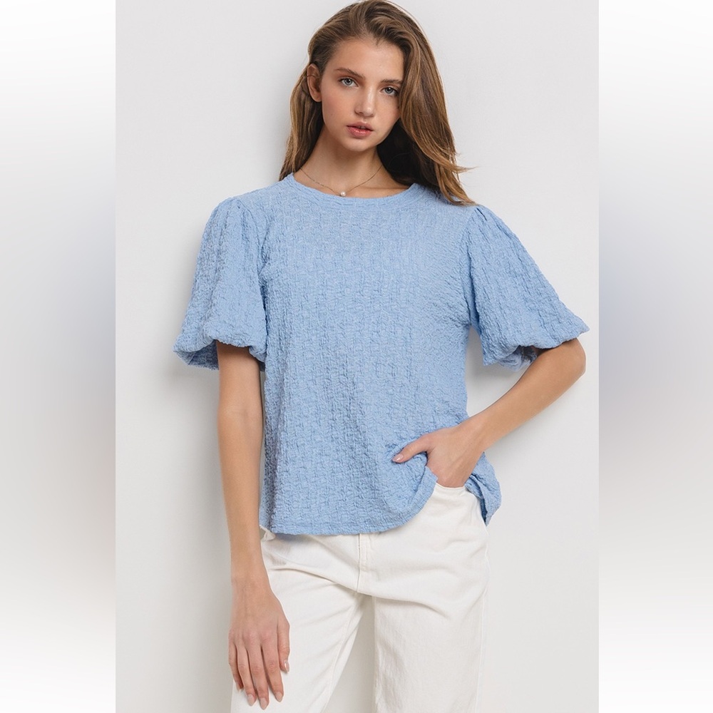 19 Solid Textured Puff Sleeve Blouse Top
